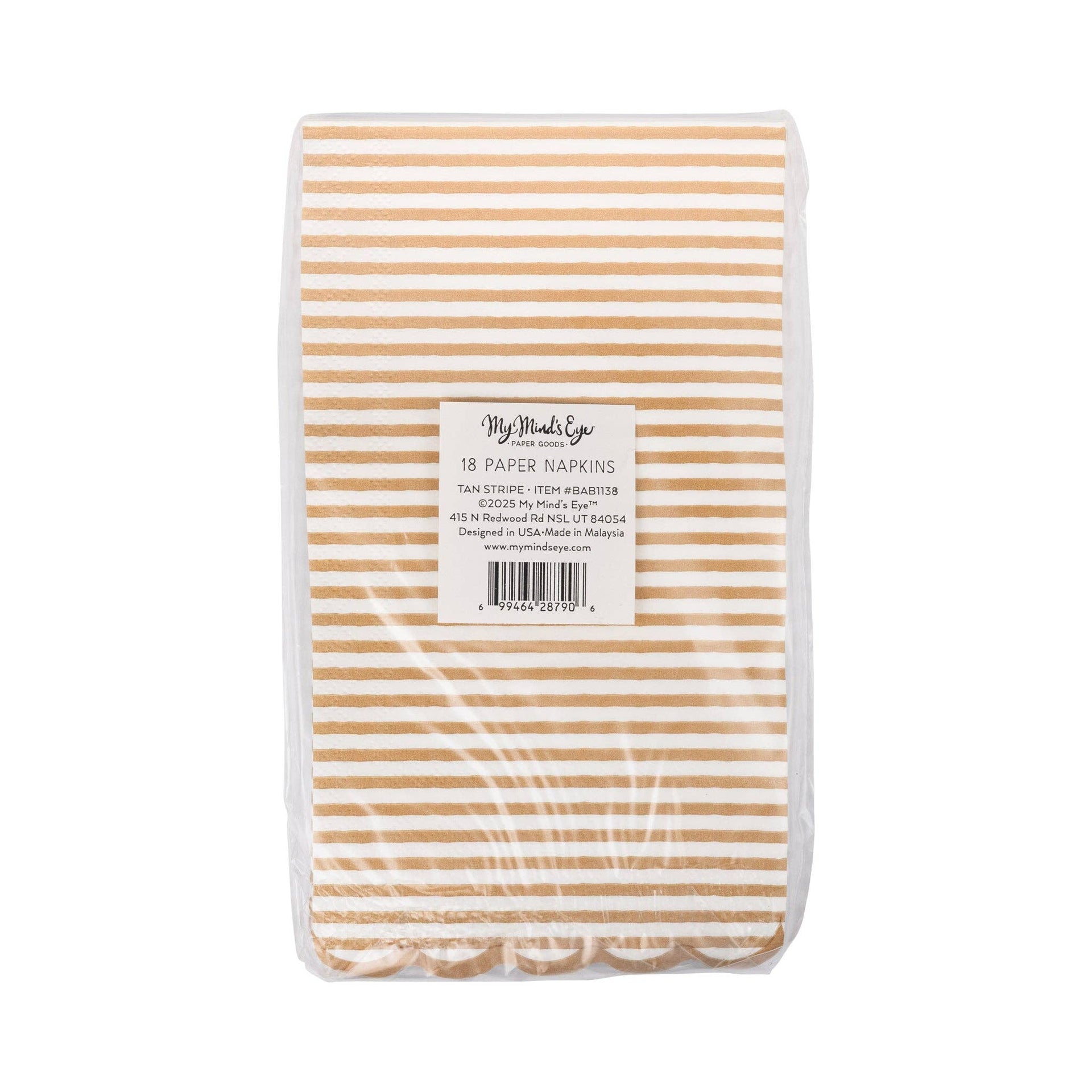 Pack of paper napkins with tan and white stripes and a visible brand label on a white background