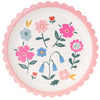 Round plate with floral design and pink rim on a white background