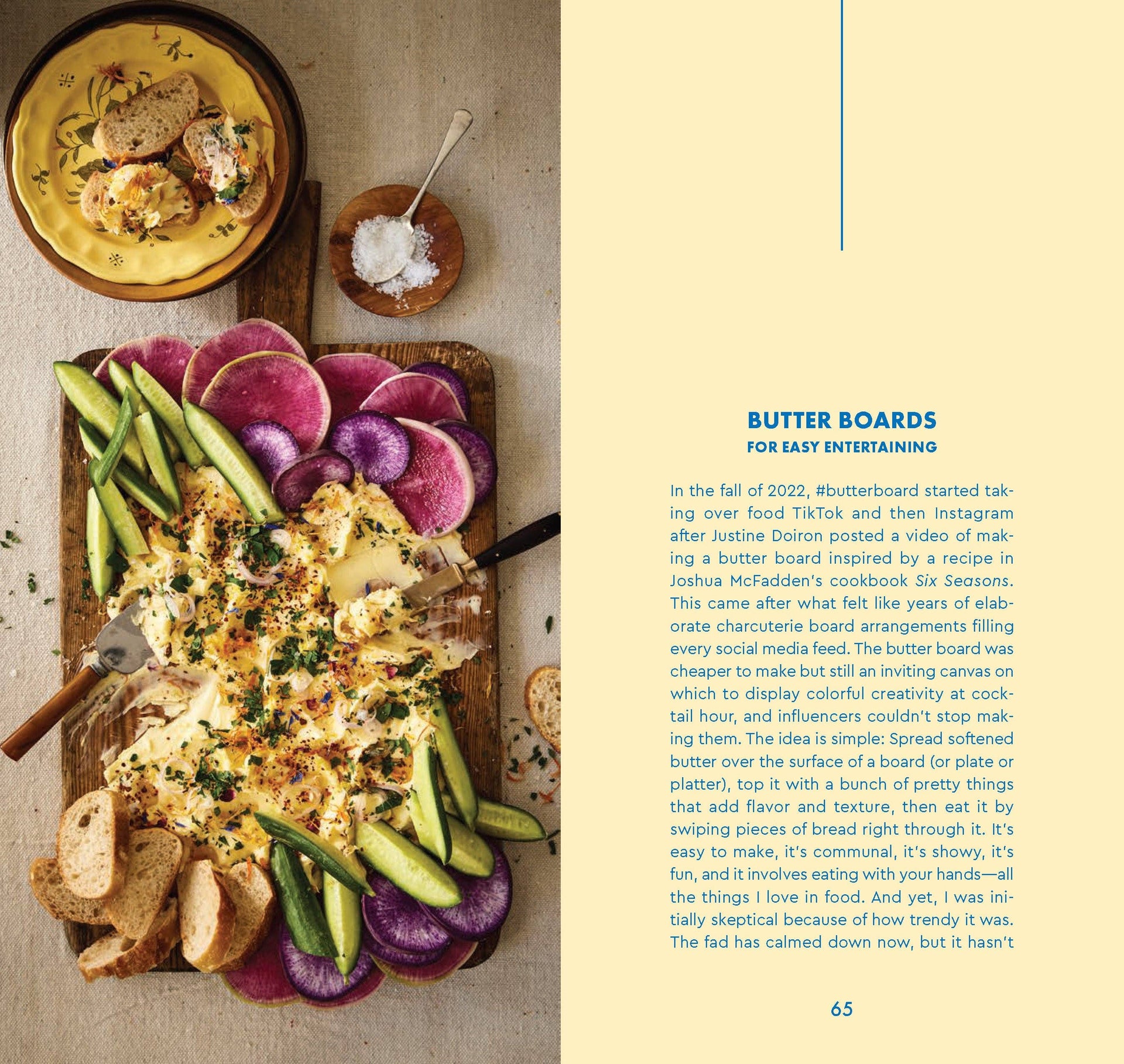 Butter board with food and text on a beige background