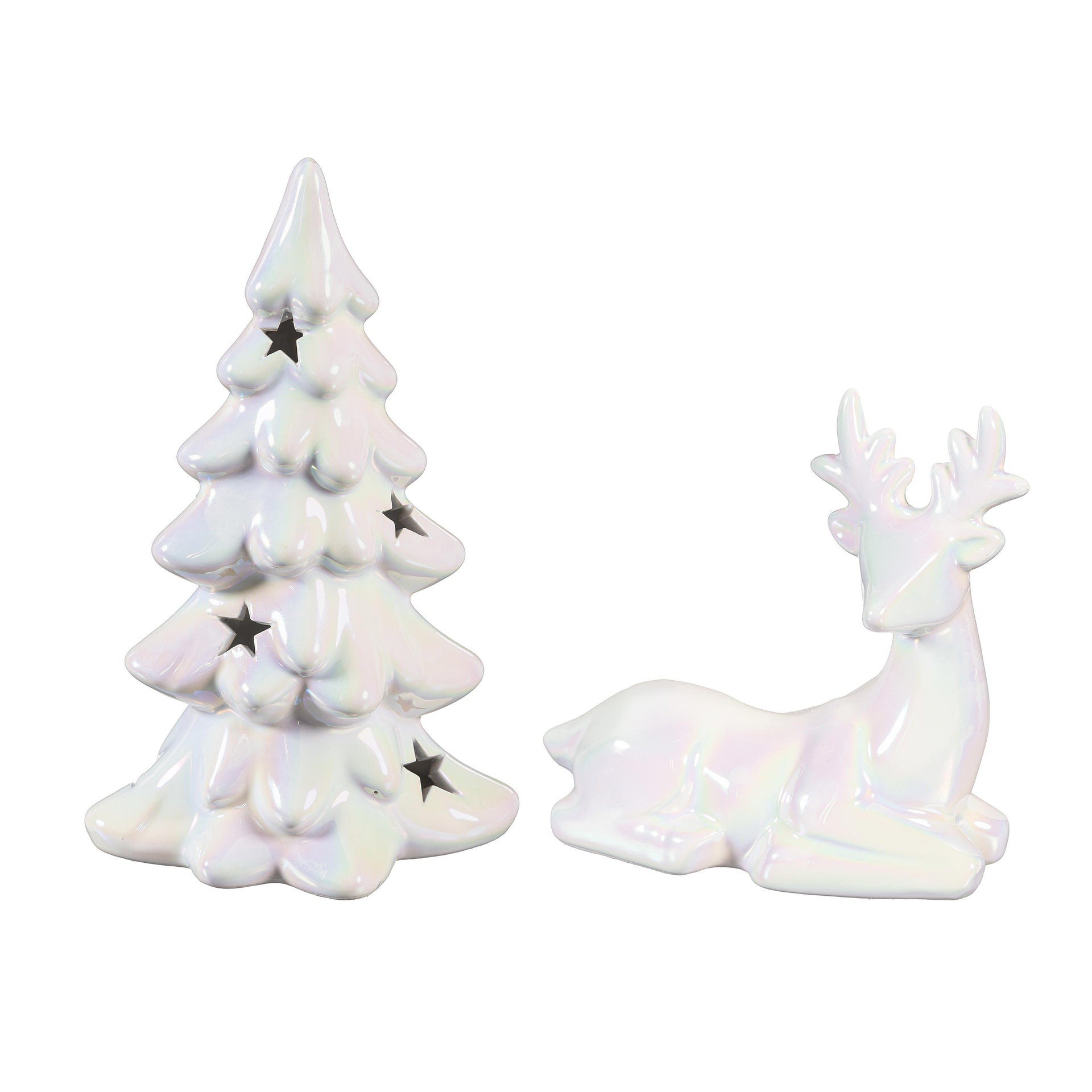 Season to Sparkle Ceramic Iridescent Tree with Star Cut Outs or Deer