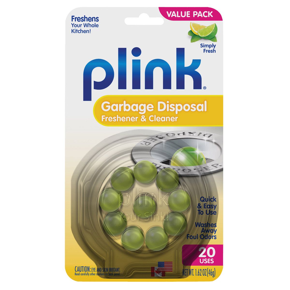 Plink garbage disposal freshener and cleaner packaging on a white background