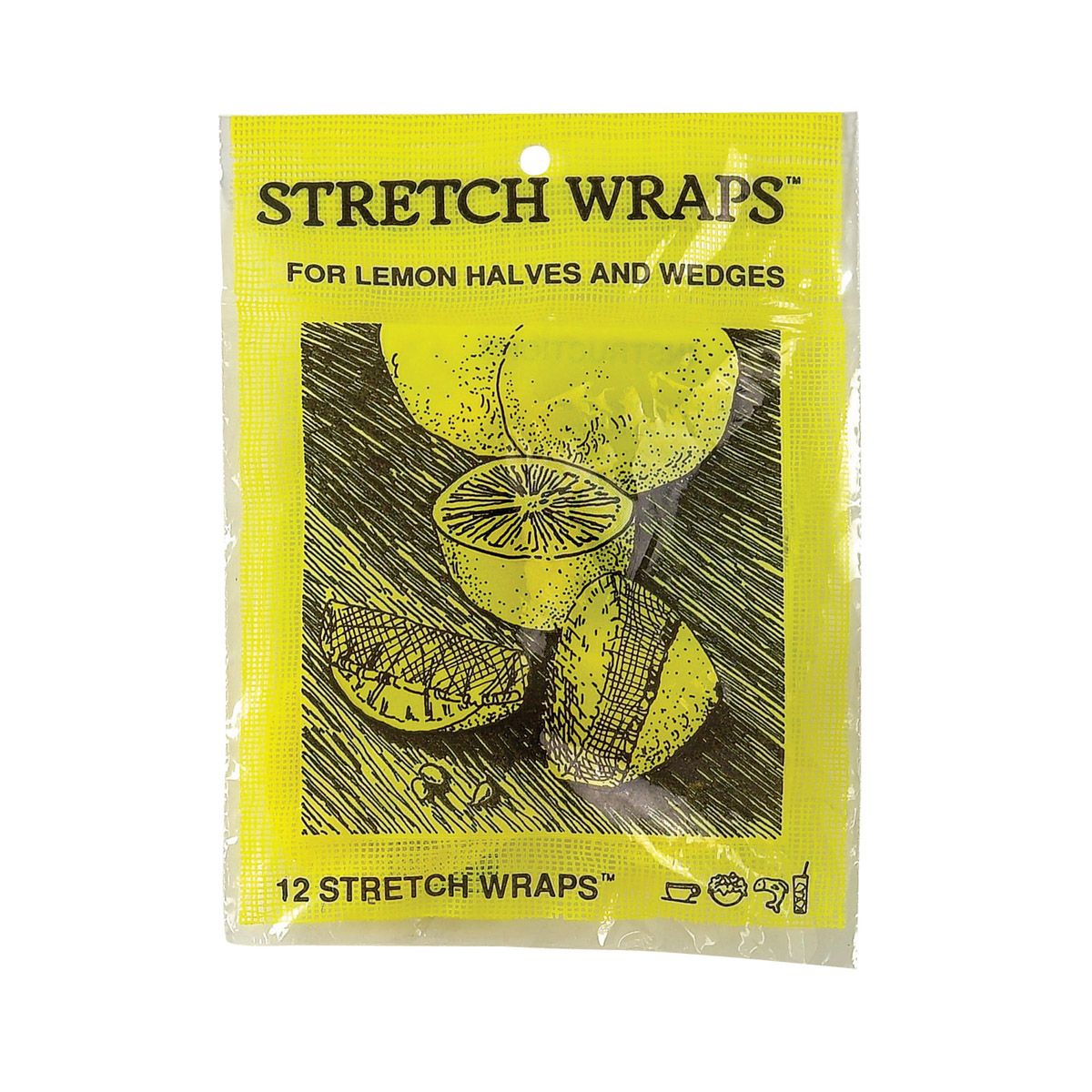 Pack of stretch wraps for lemon halves and wedges with yellow and black design.