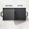 Before and after comparison of a black tray with a gray towel underneath on a white background.