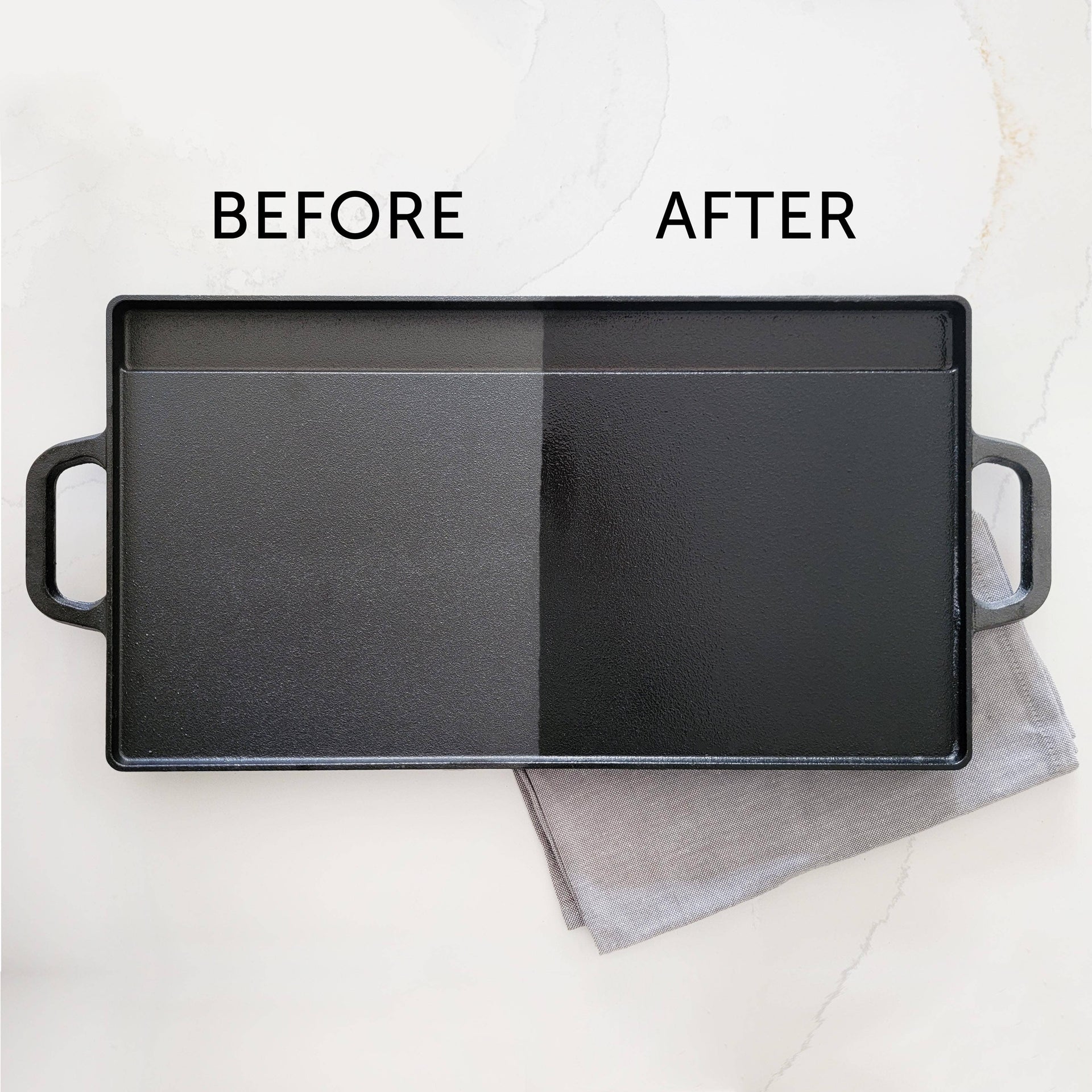 Before and after comparison of a black tray with a gray towel underneath on a white background.