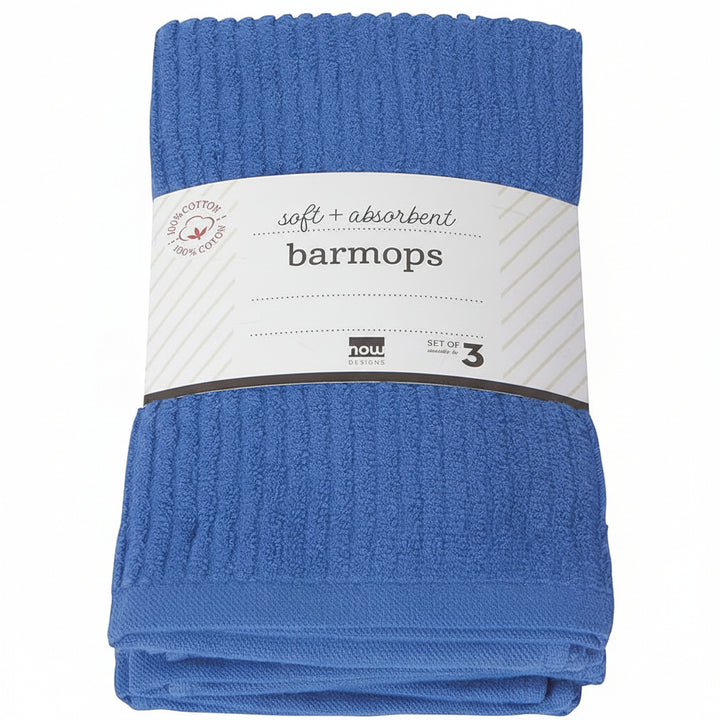 Set of blue bar mops towels with a visible brand label on a white background