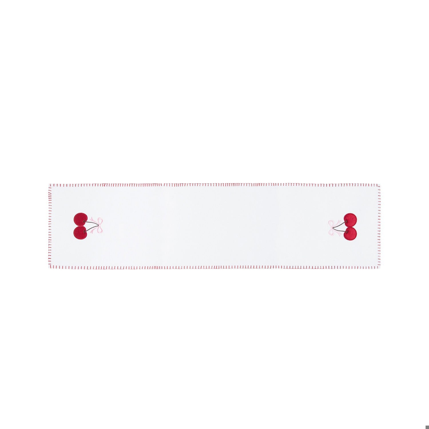 A white rectangular table runner with a dashed red border and two small red cherry motifs at each end, shown on a plain white background.