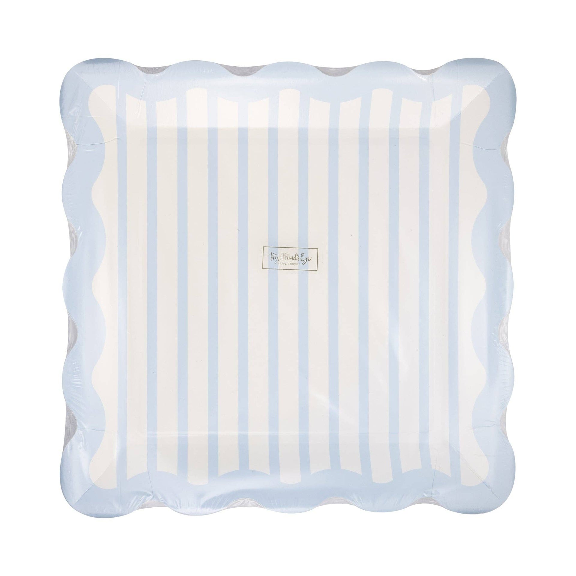 Decorative plate with blue border and striped center on a white background