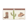 Packaged cowboy-themed banner with boot, cactus, and hat designs on a white background.
