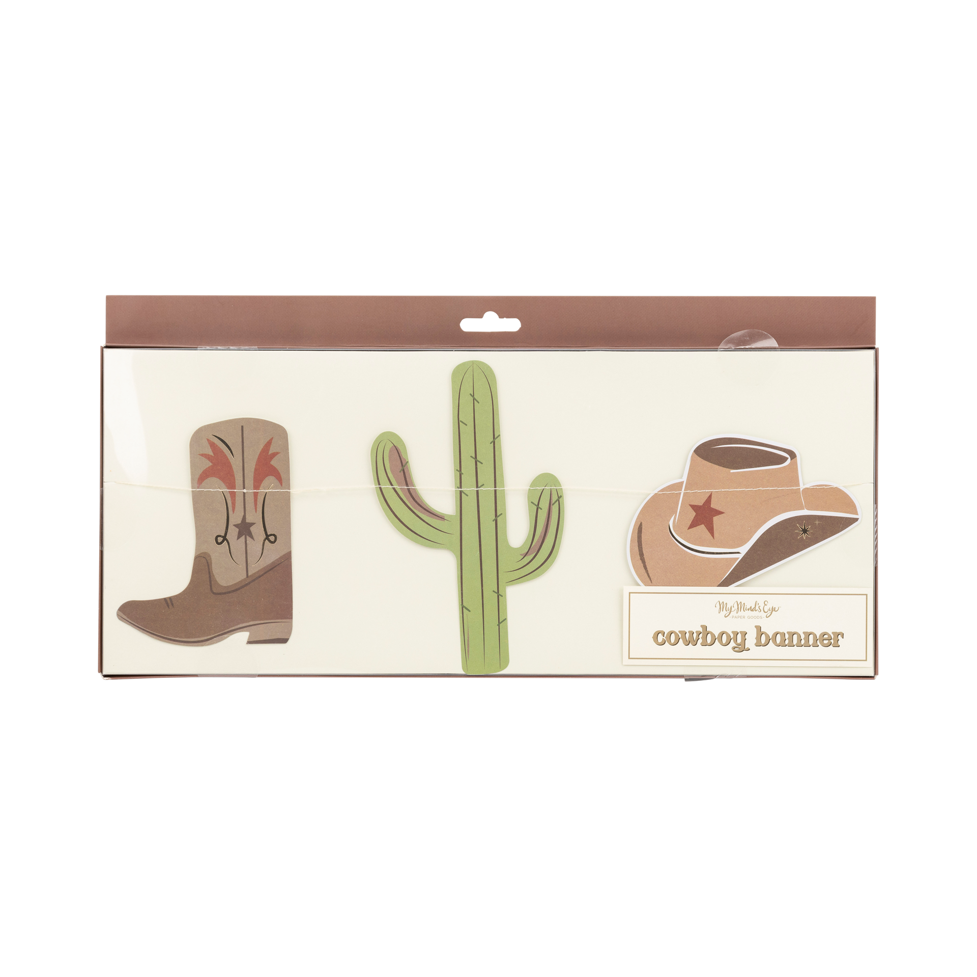 Packaged cowboy-themed banner with boot, cactus, and hat designs on a white background.