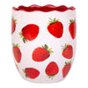 White utensil crock with red strawberry pattern on a white background