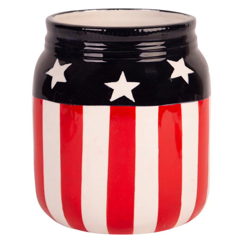 Ceramic jar with American flag design on a white background