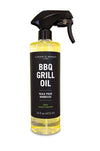 Bottle of Caron & Doucet BBQ Grill Oil with a black spray nozzle on a white background