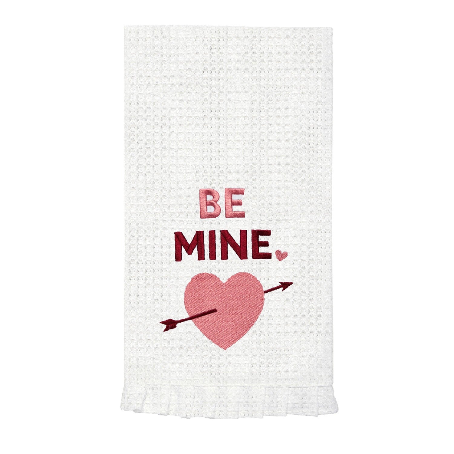 White towel with pink heart and text 'BE MINE' on a white background