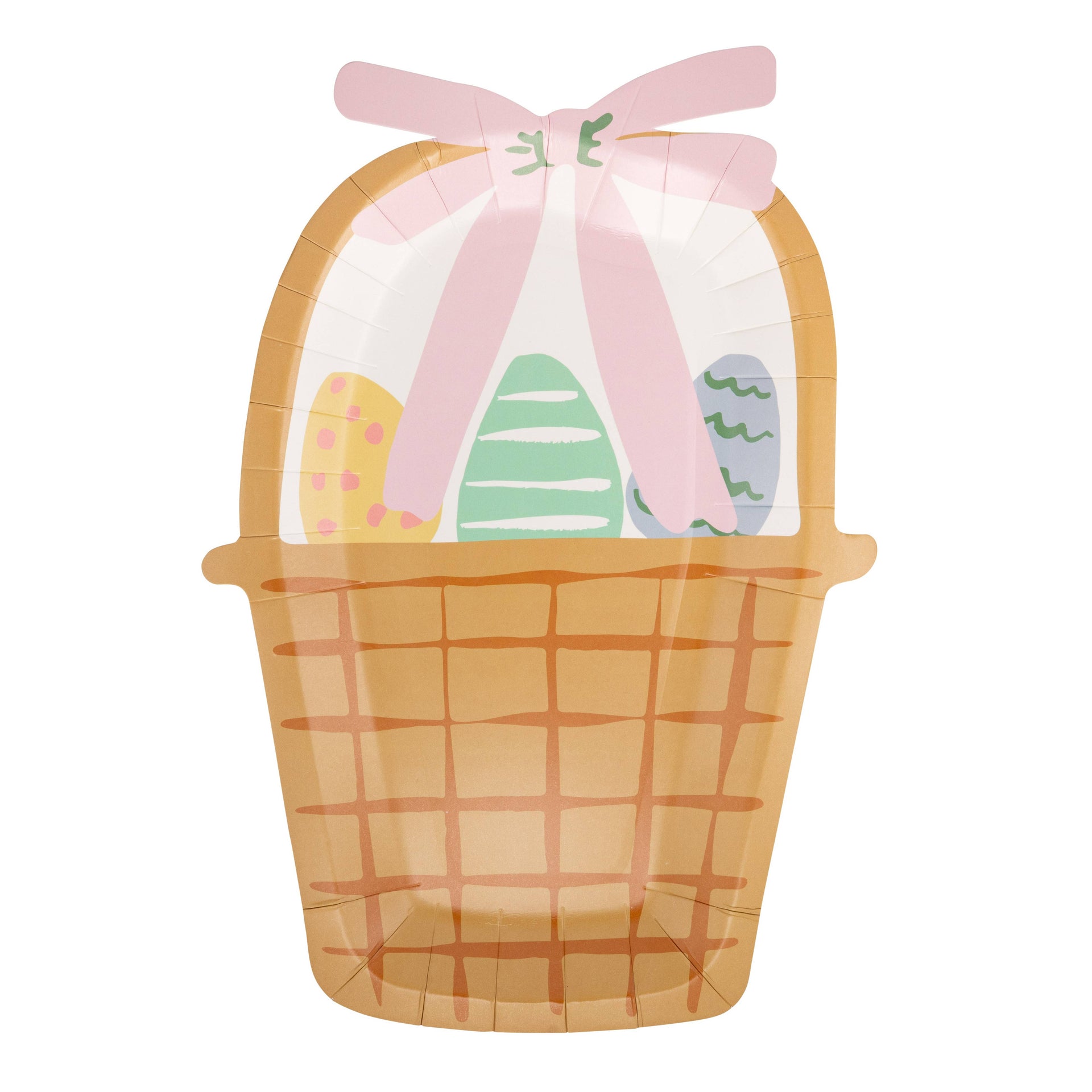 Easter basket shaped paper plate with a pink bow and colorful eggs on a white background