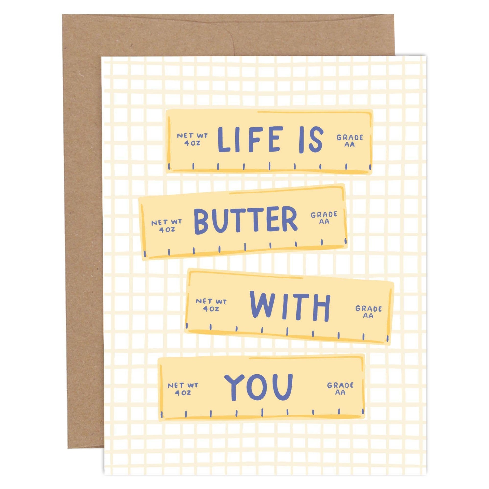 Card with yellow labels reading 'Life is butter with you' on a grid background