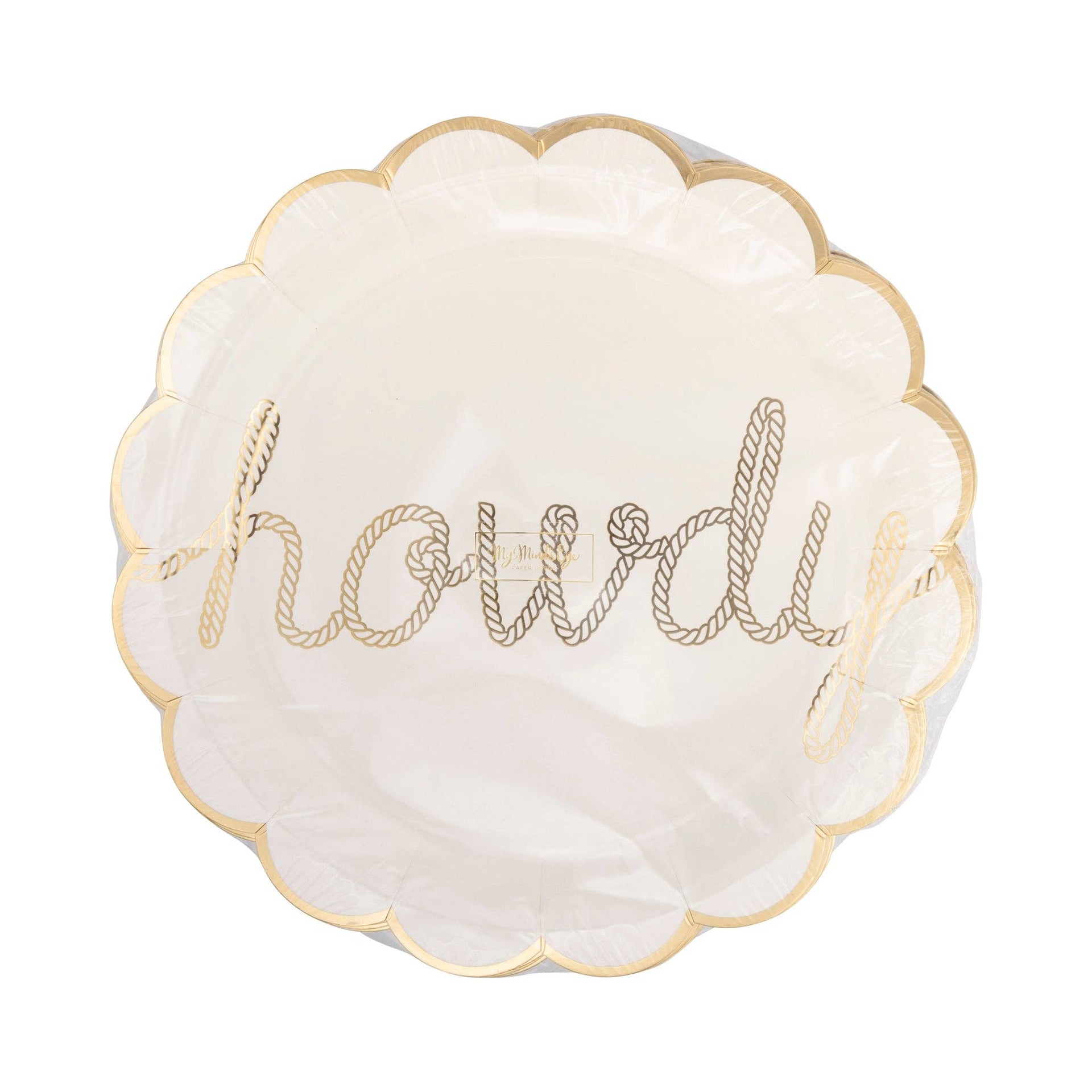 Decorative plate with scalloped edge and 'howdy' text in gold on a white background