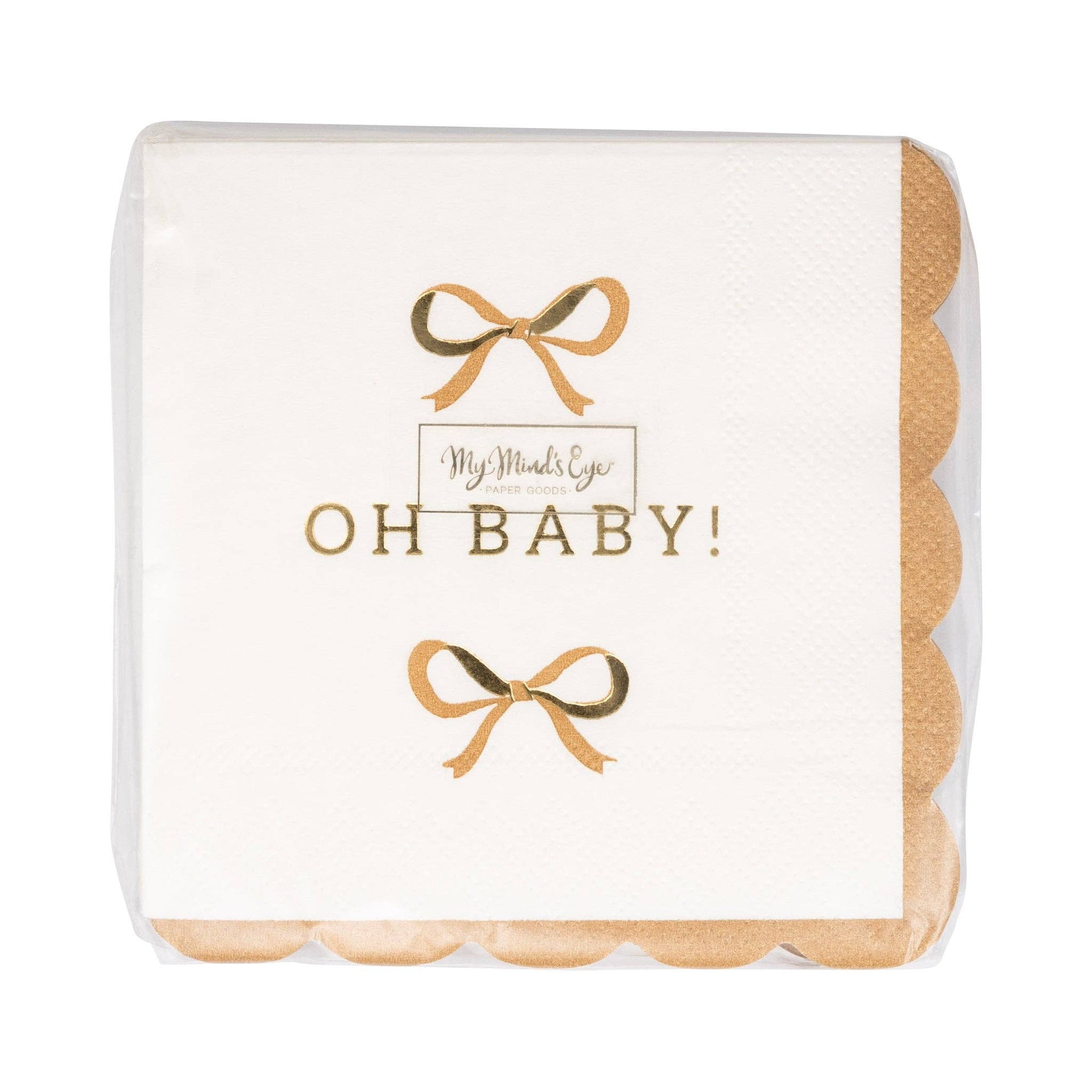 Packaged napkins with 'OH BABY!' text and gold bows on a white background