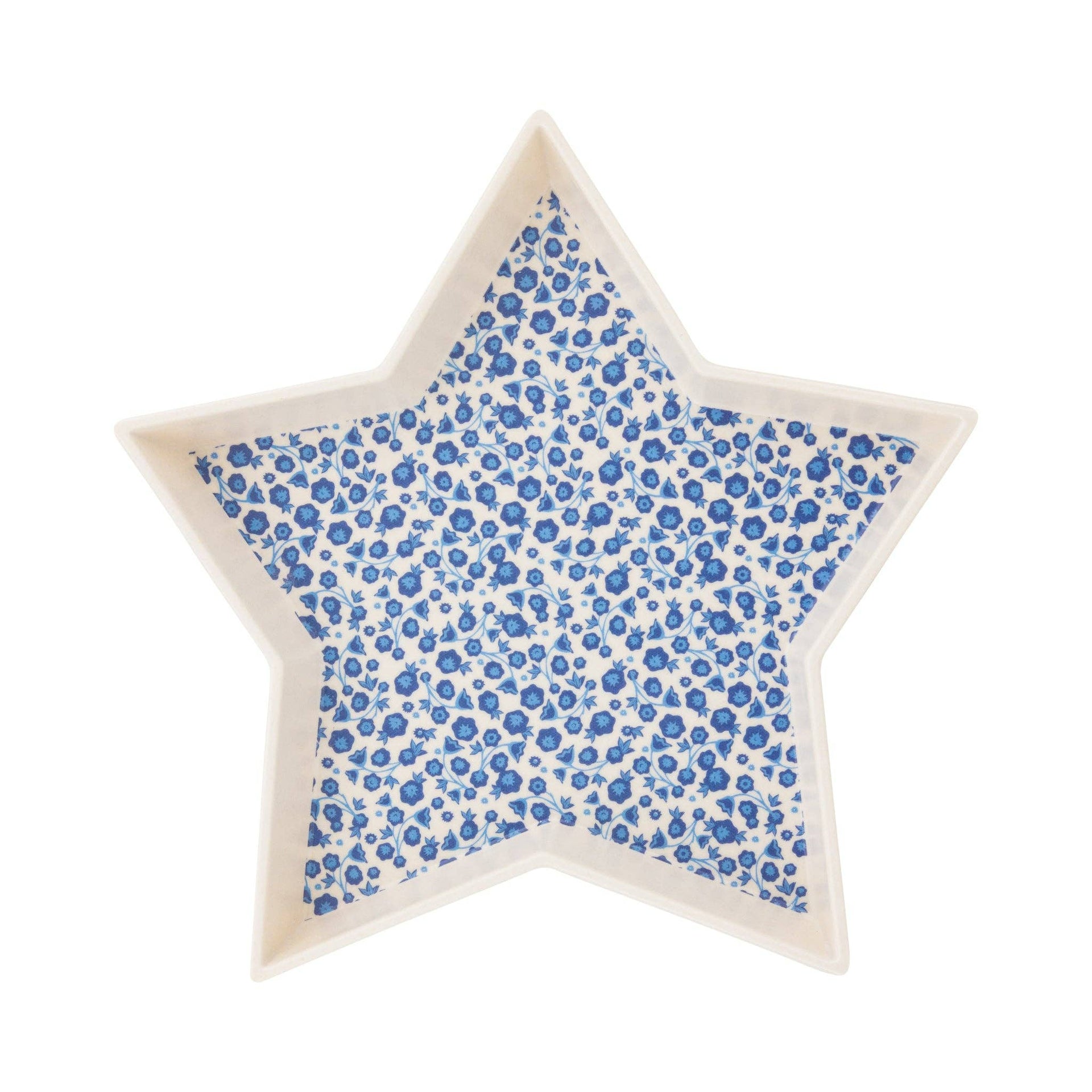 Star-shaped tray with blue floral pattern on a white background