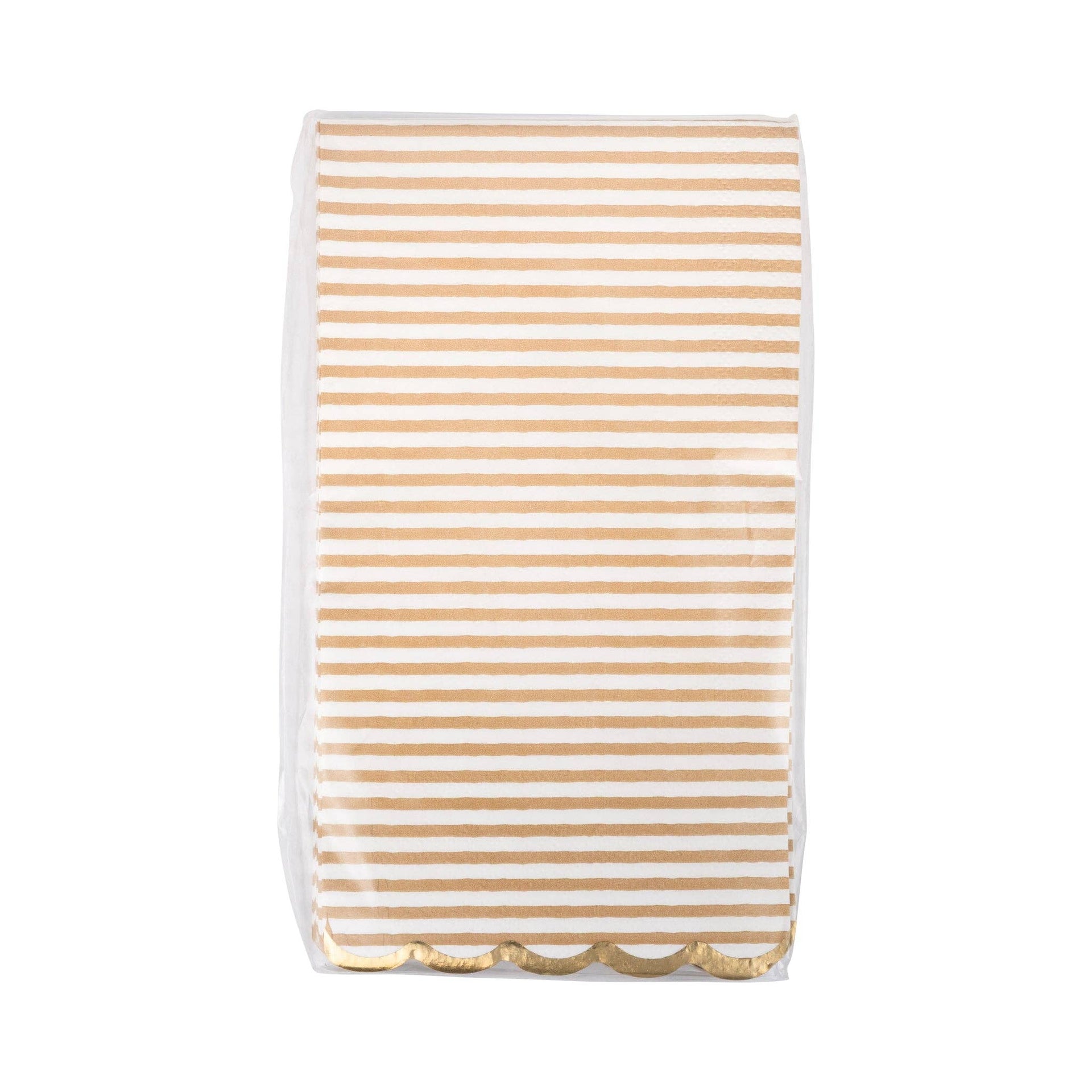 Package of tan and white striped napkins on a white background