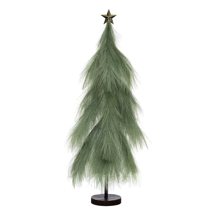 Decorative green feathered tree with a star on top against a white background