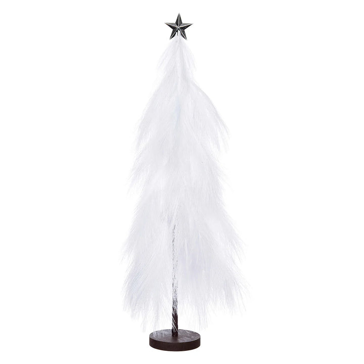 White feathered Christmas tree with a star on top on a white background.