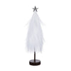 White feathered Christmas tree with a star on top against a white background