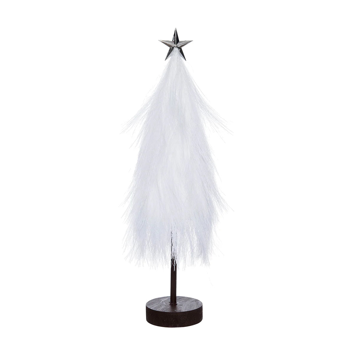 White feathered Christmas tree with a star on top against a white background