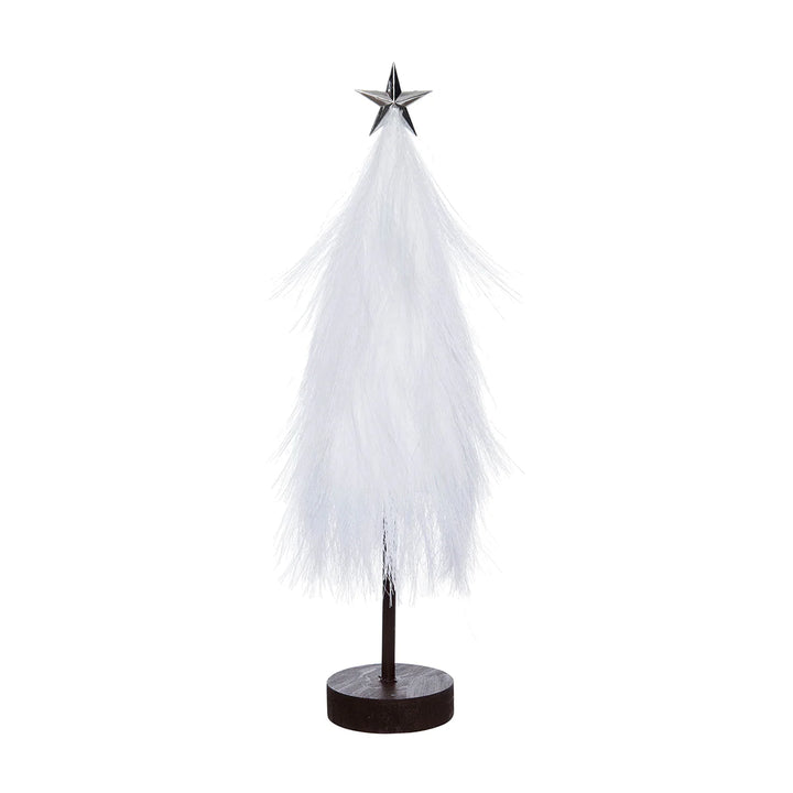White feathered Christmas tree with a star on top against a white background