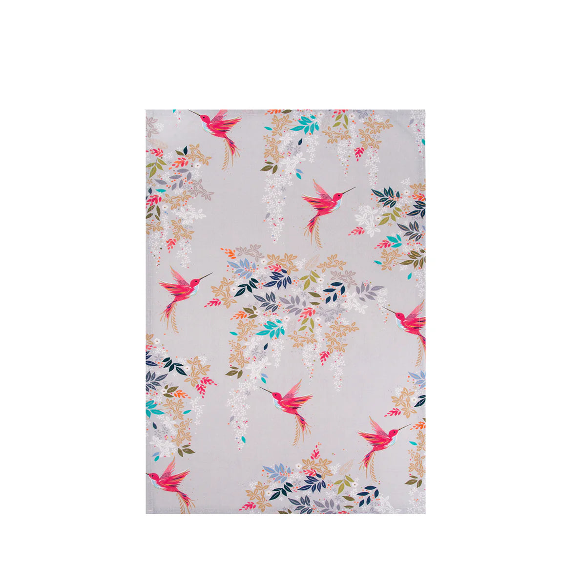 Floral and hummingbird patterned towel on a white background