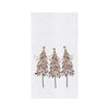 Towel featuring three decorative Christmas trees with colorful ornaments on a white background