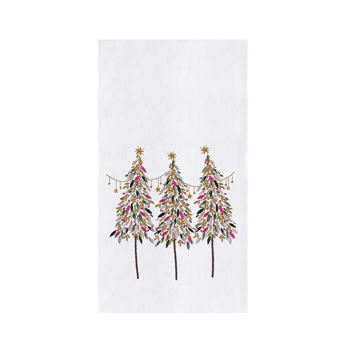 Towel featuring three decorative Christmas trees with colorful ornaments on a white background