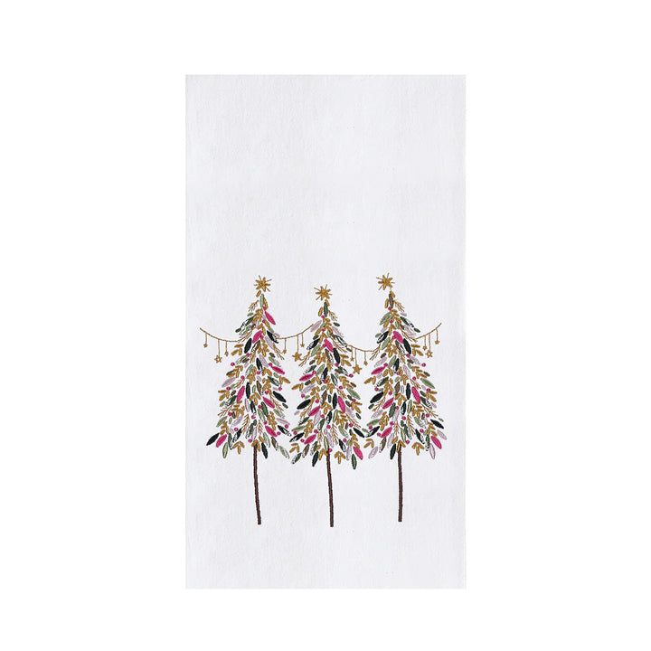 Towel featuring three decorative Christmas trees with colorful ornaments on a white background