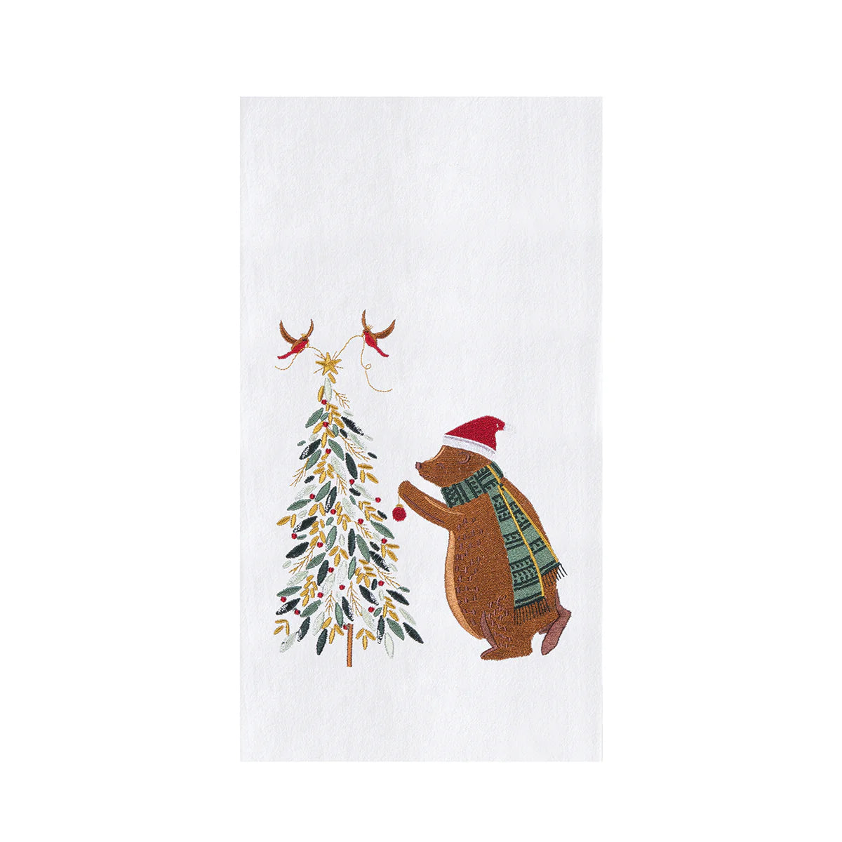 Towel with a bear in a Santa hat and scarf decorating a Christmas tree design.