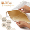Hands holding a beeswax bread bag with natural preservation text and ingredients listed.