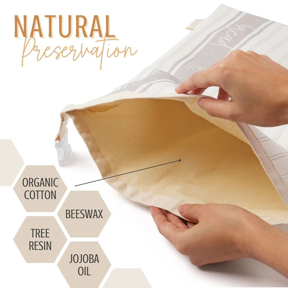 Hands holding a beeswax bread bag with natural preservation text and ingredients listed.