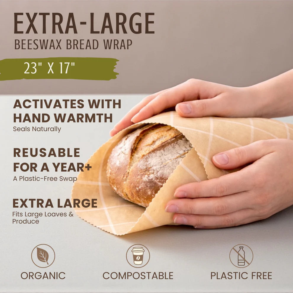 Beeswax bread wrap with a loaf of bread and hands, labeled as extra-large and reusable.