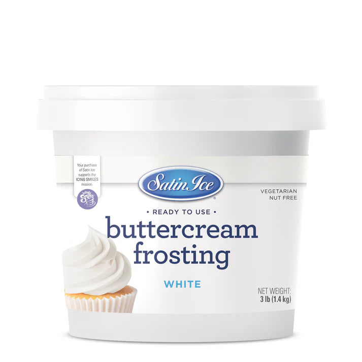 Satin Ice white buttercream frosting container on a white background