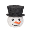 Woven snowman basket with a black top hat on a white background