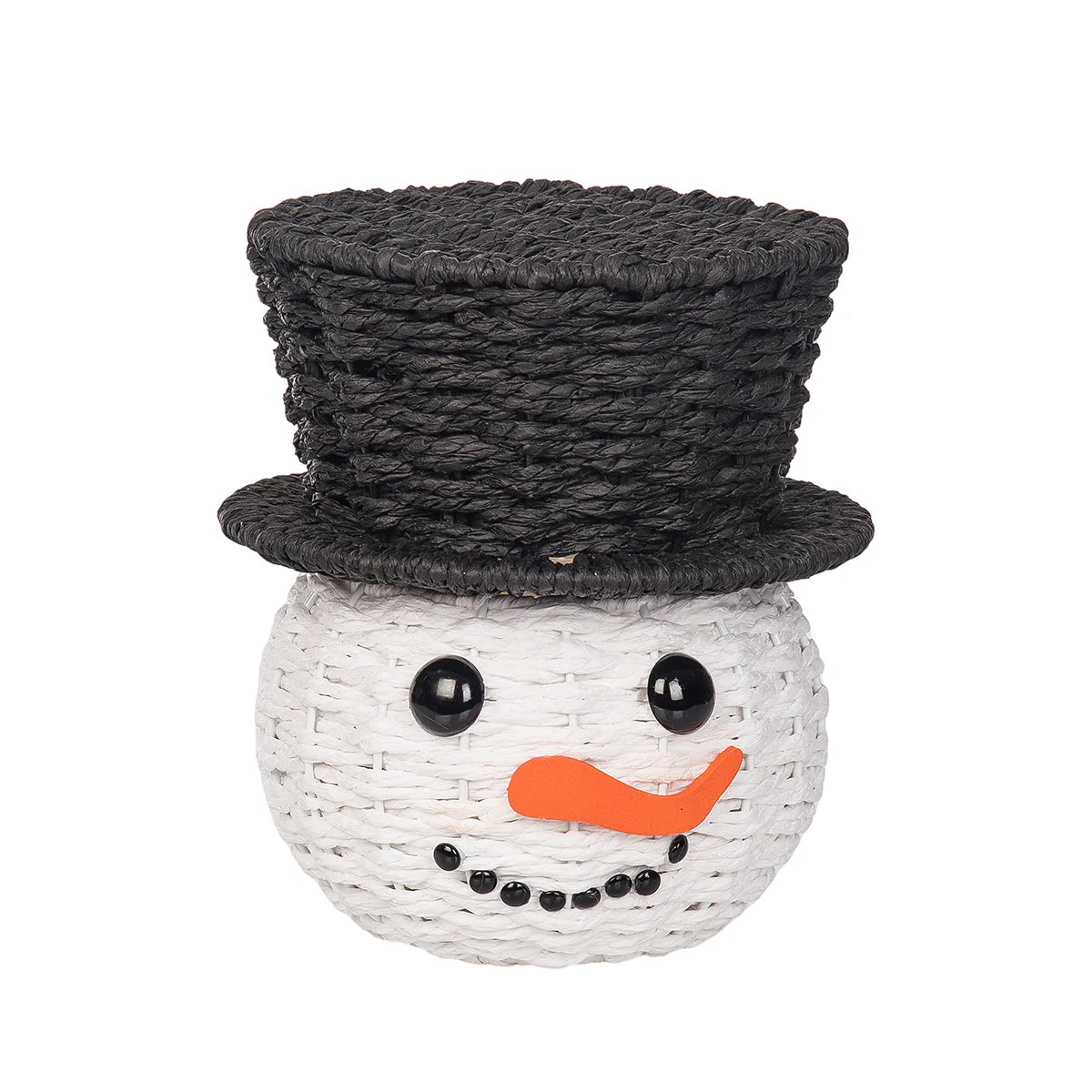 Woven snowman basket with a black top hat on a white background