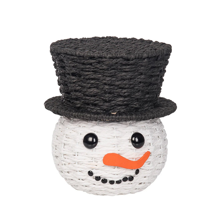 Woven snowman basket with a black top hat on a white background