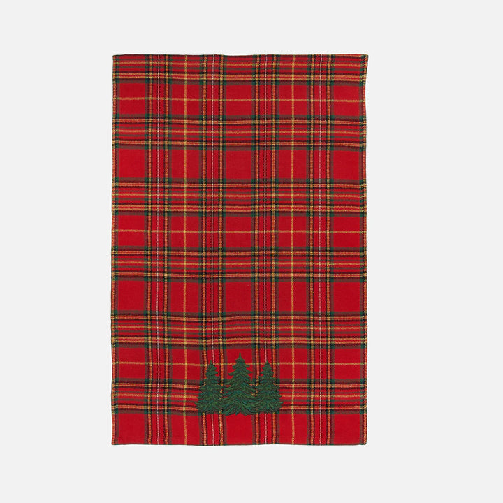 Red plaid towel with green trees on a white background