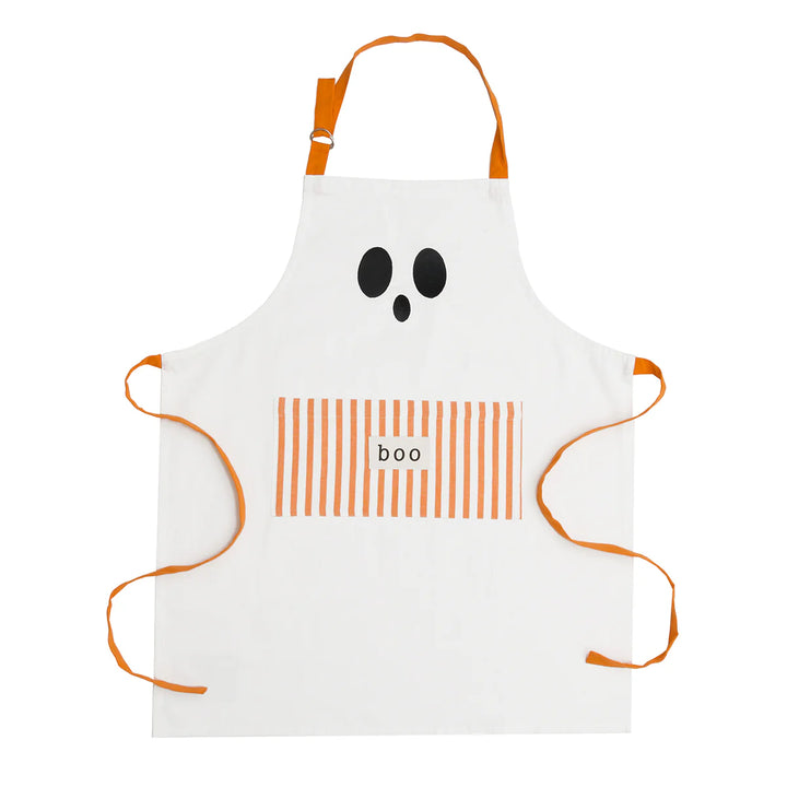White apron with ghost design and 'boo' text on a white background