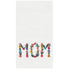 Embroidered towel with floral letters spelling 'MOM' on a white background