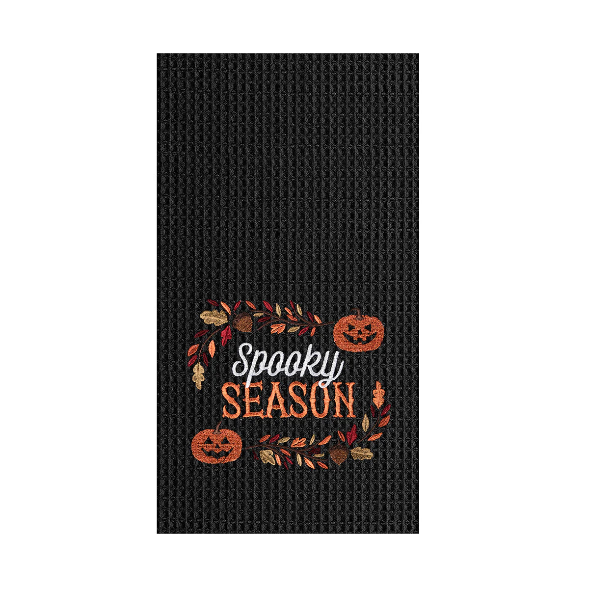 Black textured towel with 'Spooky Season' text and Halloween-themed design on a white background