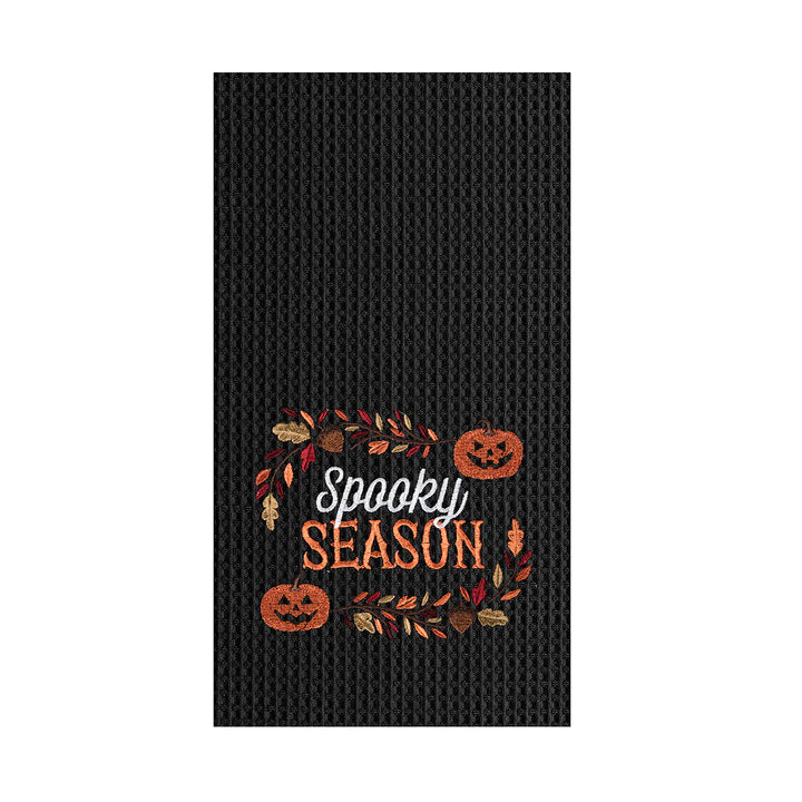 Black textured towel with 'Spooky Season' text and Halloween-themed design on a white background