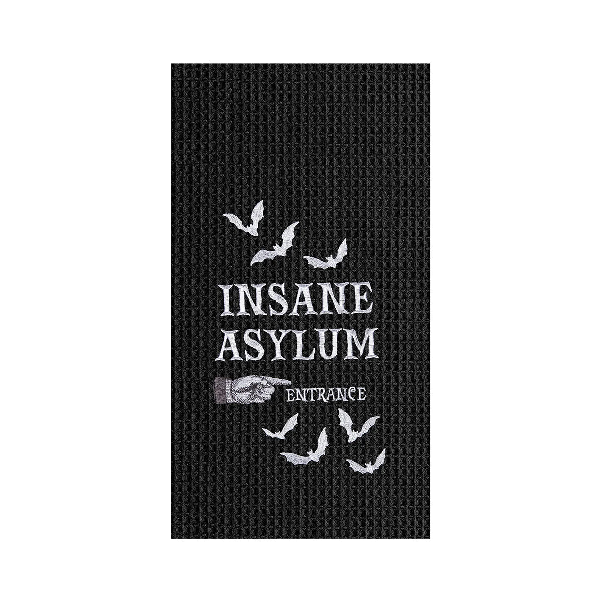 Black textured towel with 'Insane Asylum Entrance' text and bats design on a white background