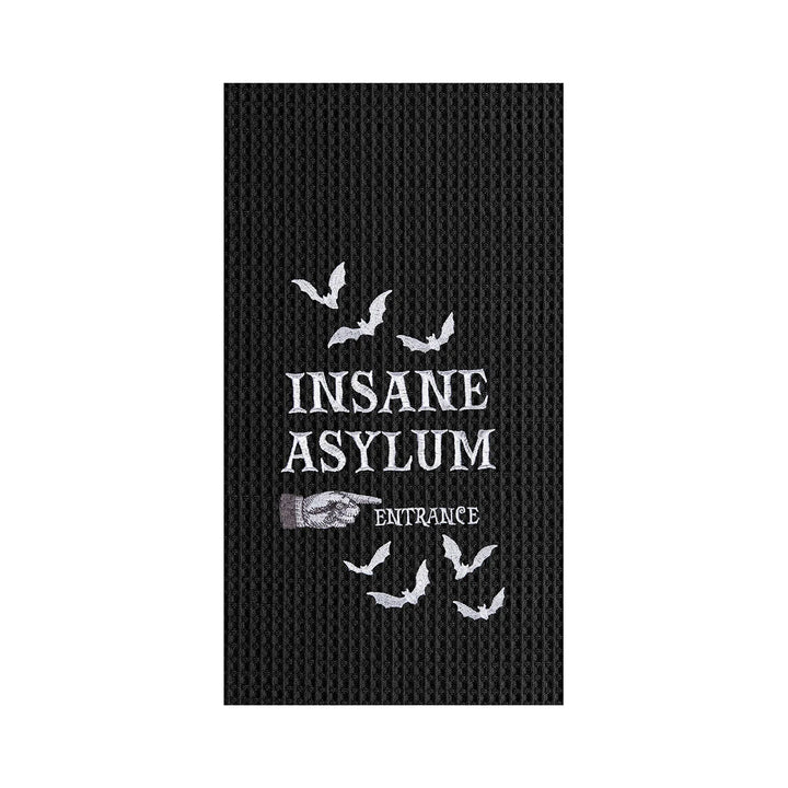 Black textured towel with 'Insane Asylum Entrance' text and bats design on a white background