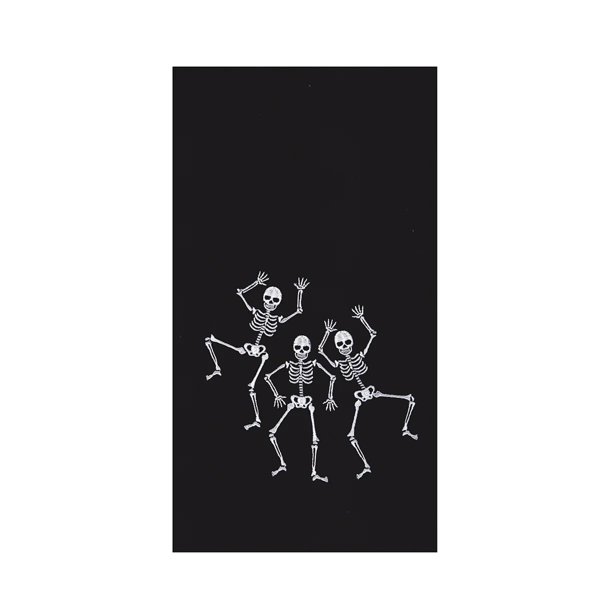 Three dancing skeletons on a black background