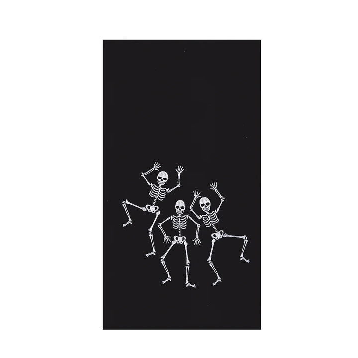 Three dancing skeletons on a black background