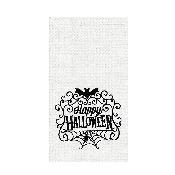 Decorative towel with 'Happy Halloween' text and spider web design on a white background